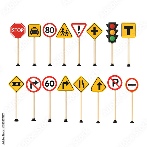  Set of Essential Road Signs and Traffic Light