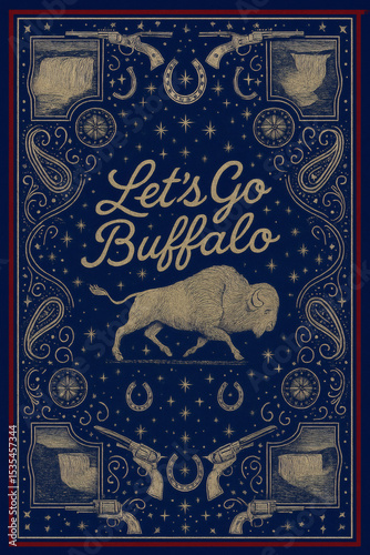 A meticulously designed poster showcasing a majestic buffalo amidst western-themed icons, evoking a sense of frontier spirit and adventure.