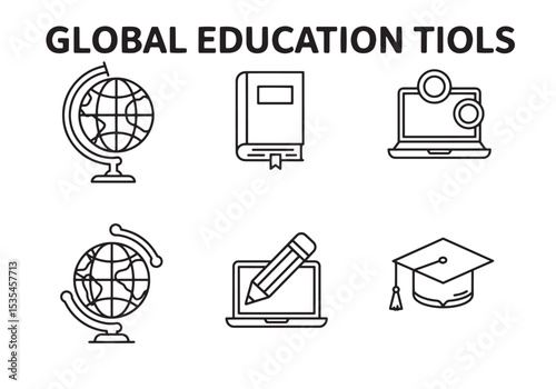Global education tools vector illustration featuring globe book laptop pencil and mortarboard