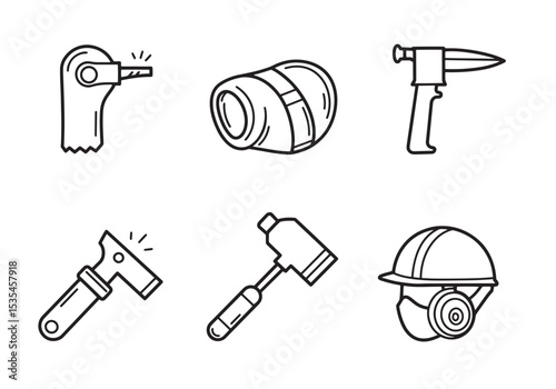 Hand drawn vector illustration of construction tools and safety equipment in a line art style.
