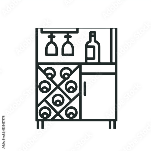Line art illustration of a stylish wine cabinet with glassware and bottles