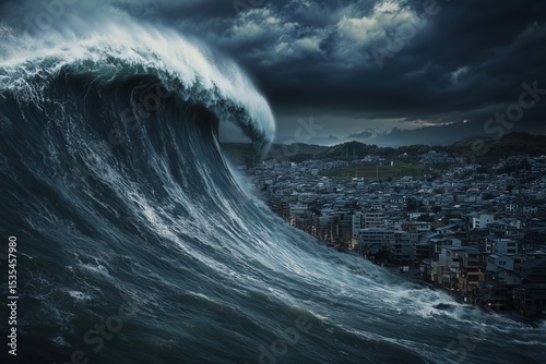 tsunami wave over the city, very big wave, dark sky