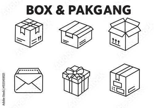 Illustrative collection of various box and packaging designs in simple linear outline style