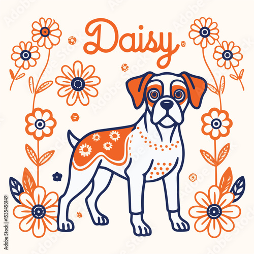 Cute and creative dog vector illustration with floral decorations and personalized name tag design for kids or pet lovers.