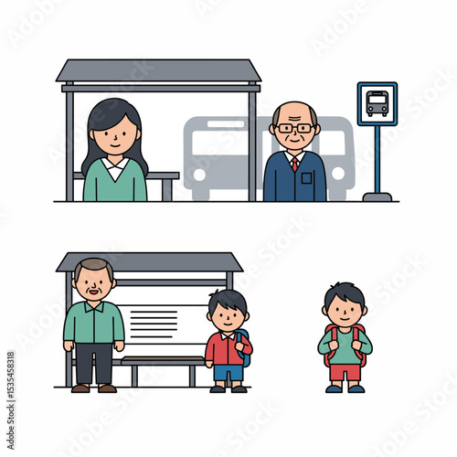 Waiting at the Bus Stop: An illustration depicting diverse people waiting patiently at a bus stop, showcasing a peaceful moment in public transportation. 