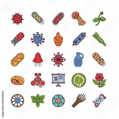 Diverse Microbial Universe: A visually stunning collection of microscopic organisms, rendered in vibrant detail. This illustration offers a glimpse into the unseen.