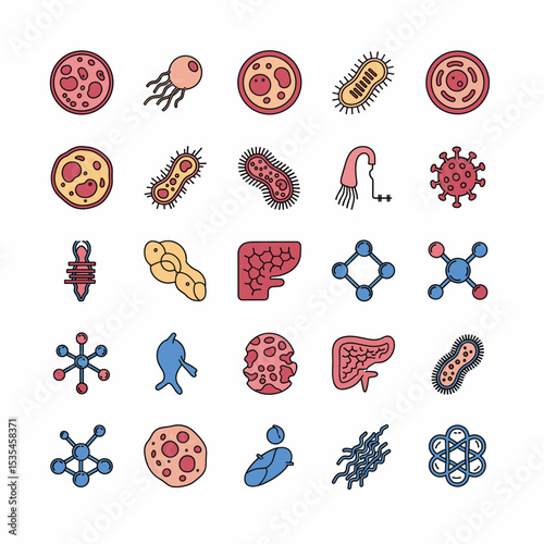Microorganism Icons Set: Collection of colorful hand-drawn microorganism icons, including bacteria, viruses, cells, and molecules. Perfect for educational materials or presentations.