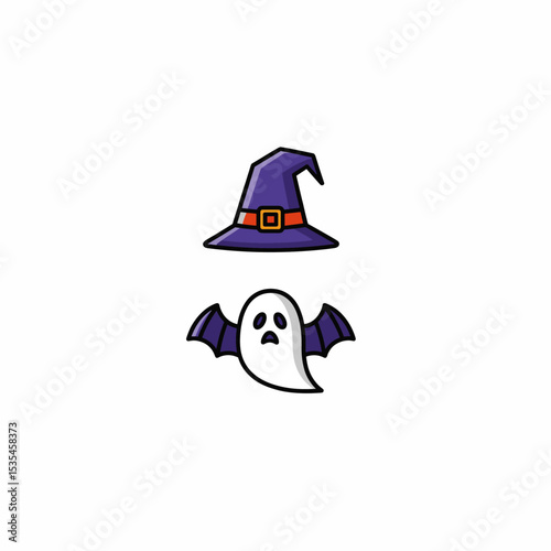 Mystical Halloween Elements: A cartoon illustration featuring a witch's hat and a charming ghost, conjuring the essence of Halloween spirit and fantasy.