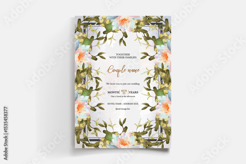 WEDDING INVITATION FRAME WITH FLOWER DECORATIONS AND FRESH LEAVES