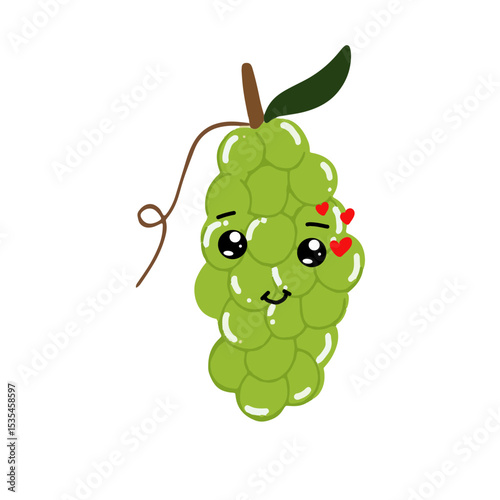 Green grapes cartoon character. Kawaiii emoticon element stock