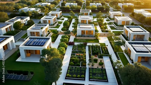 Aerial view of sustainable smart homes with green rooftops, solar panels and organized modern community layout