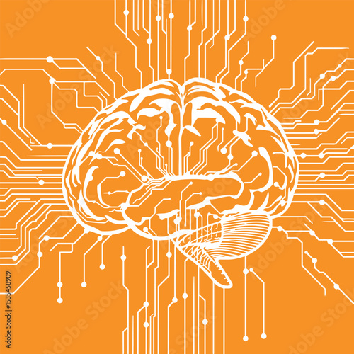 Human brain with digital circuit overlays concept vector illustration minimal design.