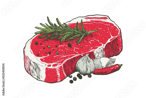 Raw beef steak with rosemary, garlic, chili, and pepper drawn in sketch style on white background. Concept of cooking and seasoning meat