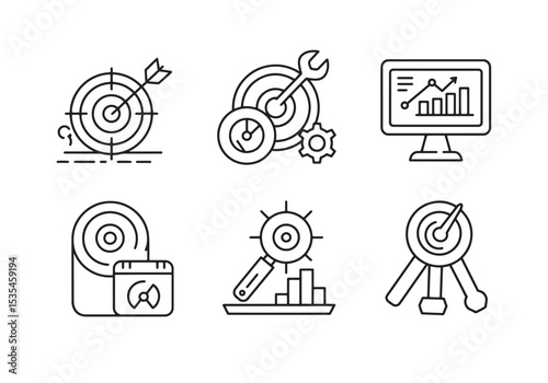 Set of business and strategy icons representing targets goals and metrics for success
