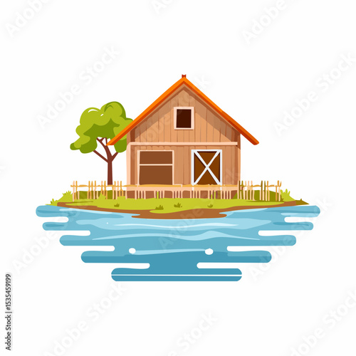 Vector flooded countryside with an abandon structure beside