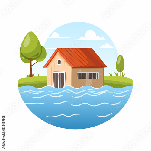 Vector flooded countryside with an abandon structure beside