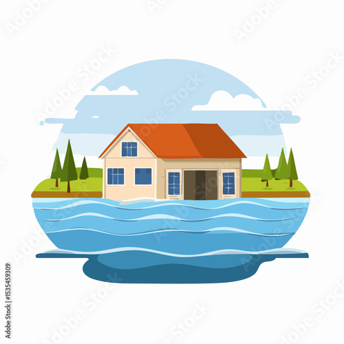 Vector flooded countryside with an abandon structure beside