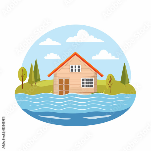 Vector flooded countryside with an abandon structure beside
