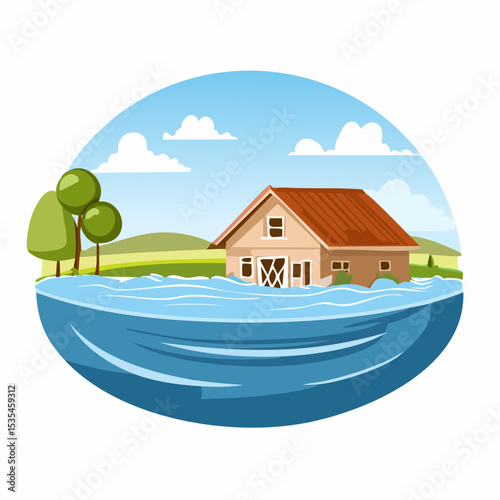 Vector flooded countryside with an abandon structure beside