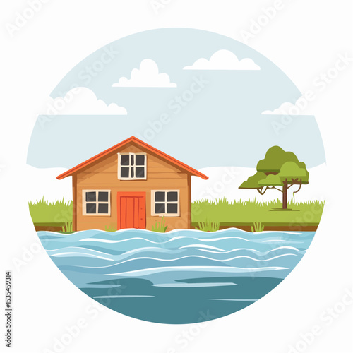 Vector flooded countryside with an abandon structure beside