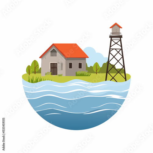 Vector flooded countryside with an abandon structure beside