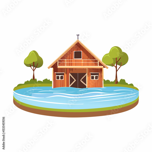 Vector flooded countryside with an abandon structure beside