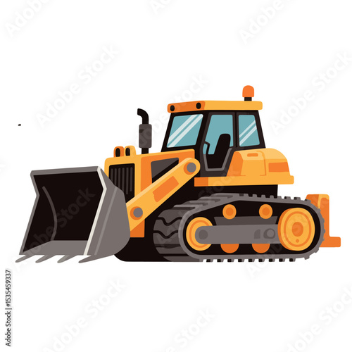 Cartoon illustration of a yellow and gray bulldozer vector, angled to the right, with a visible bucket and tracks.