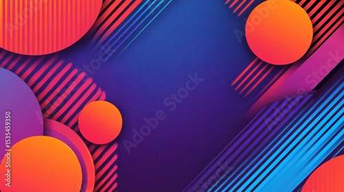 Abstract background with vibrant gradient circles and diagonal lines. Modern geometric design in blue, orange, purple, and pink tones for contemporary feel.