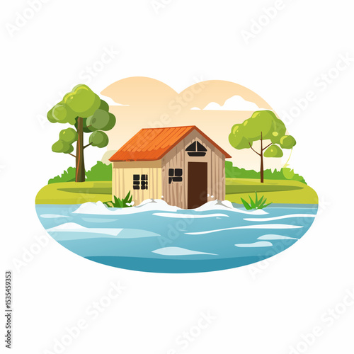 Vector flooded countryside with an abandon structure beside