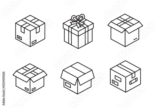 Set of isometric illustrated outlined boxes including a gift box and shipping packages