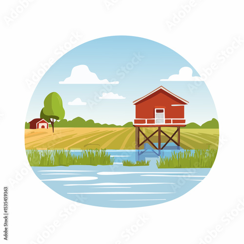 Vector flooded countryside with an abandon structure beside