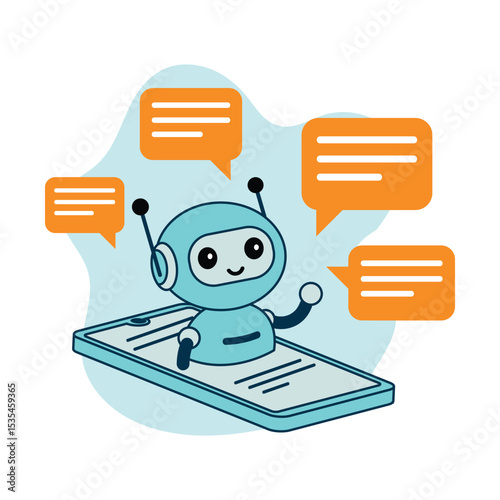 Cute AI chatbot robot popping out of a smartphone with message bubbles, flat vector design for virtual assistant and technology communication concept.