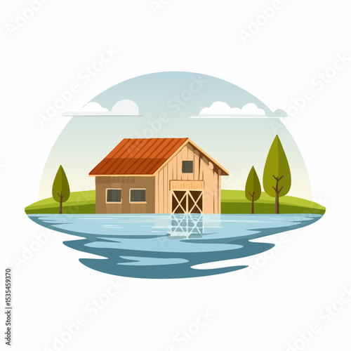 Vector flooded countryside with an abandon structure beside