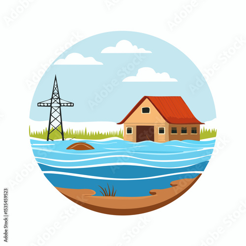 Vector flooded countryside with an abandon structure beside