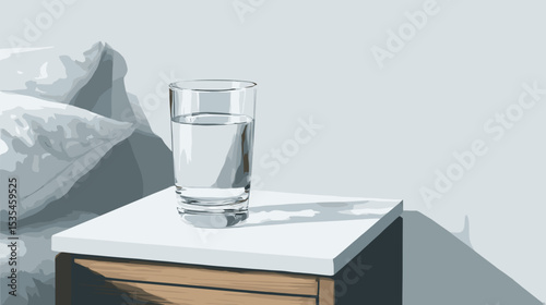 Clear glass of water on bedside table with soft pillows, healthy lifestyle atmosphere