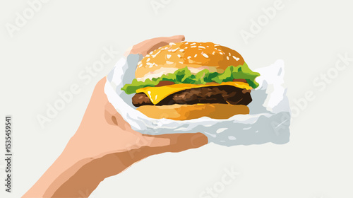 Hand holding a juicy hamburger wrapped in paper on a neutral background, healthy lifestyle balance