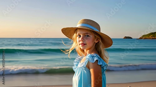 Blonde girl in sunhat standing by the ocean wearing blue dress during golden hour on a peaceful beach