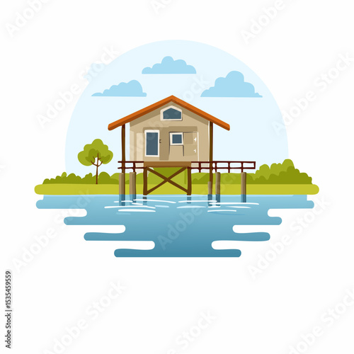 Vector flooded countryside with an abandon structure beside