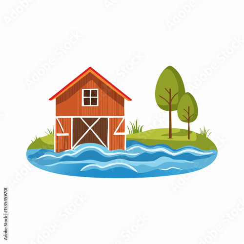 Vector flooded countryside with an abandon structure beside