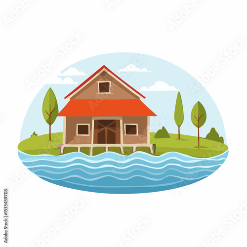 Vector flooded countryside with an abandon structure beside