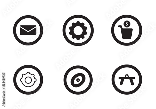 Set of six circular black and white icons representing various digital concepts