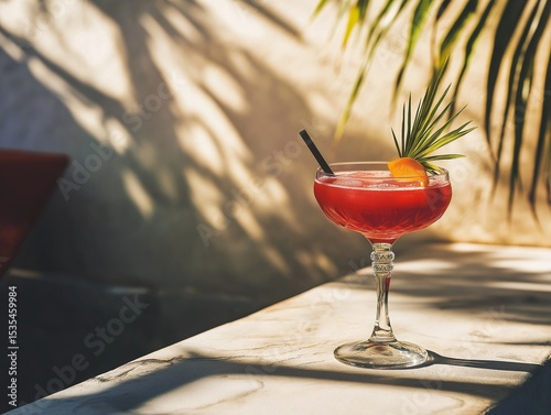 Strawberry daiquiri on neutral stone surface with soft plant shadows, refreshing and tropical.