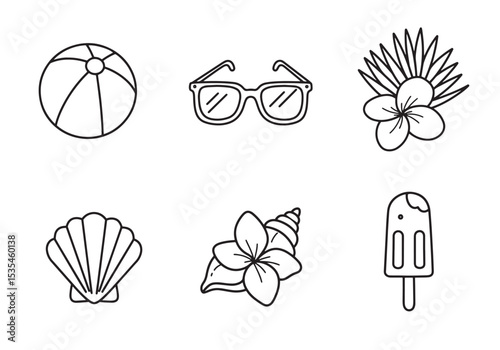 Simple hand drawn summer icons set beach sunglasses popsicle shell and tropical flower