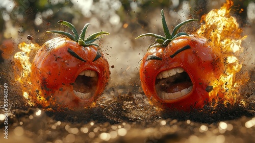 Angry tomatoes on fire, bursting from ground