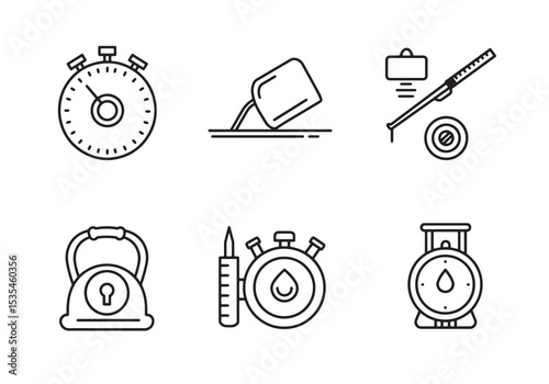 Simple outline icon set representing concepts such as time, measurements, and liquids