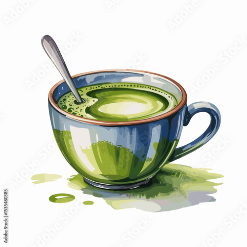 Cup of Matcha Green Tea with Foam – Watercolor Style