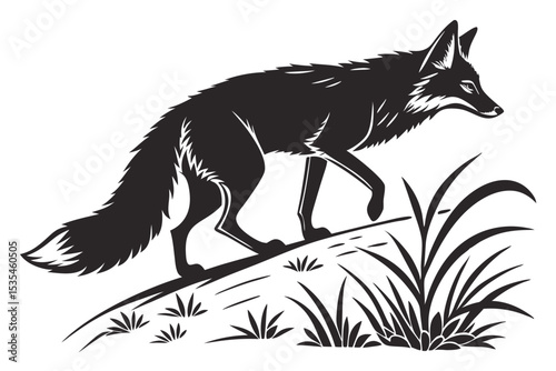 Black and white vector illustration of a walking fox on a grassy hill.