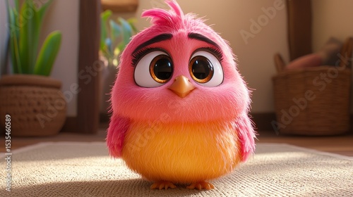Animated bird character in a bright room