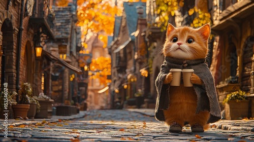 Animated cat in a medieval autumn town