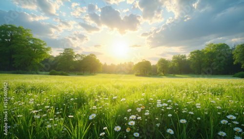 Meadow with Daisies, Trees, and Clouds under Sunlight